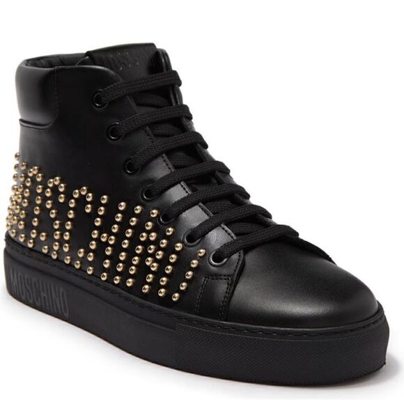 Moschino High Top logo studded leather sneaker in black size US 7 or EU 37 - Picture 3 of 12